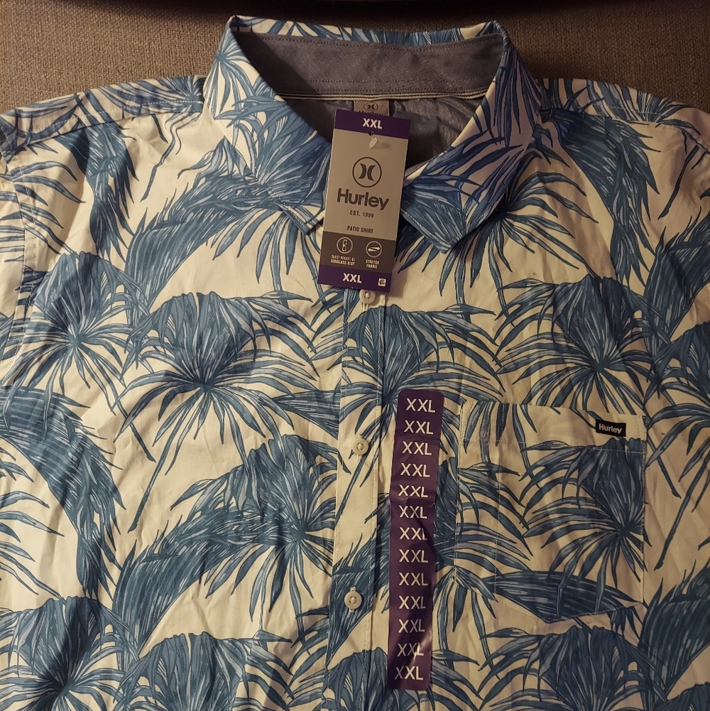 Hurley XXL Blue Palm Print Button-Up Shirt